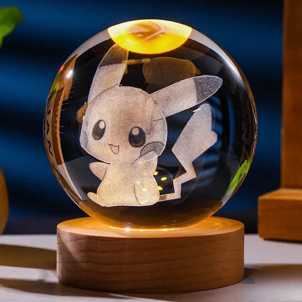 Globo de Cristal 3D com Base de Madeira – Pikachu